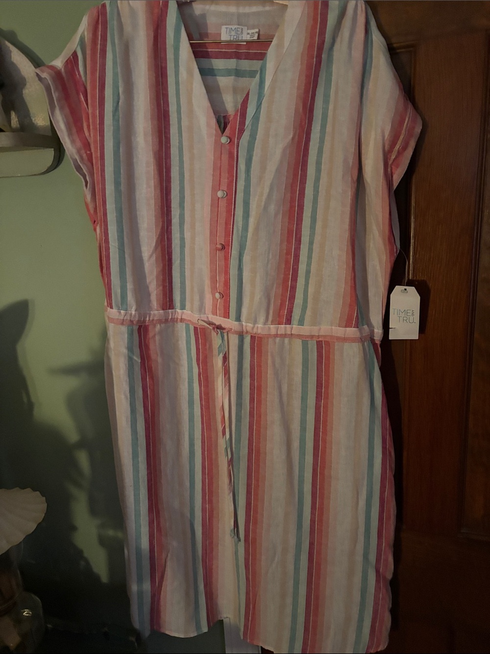 Time and Tru Multicolor Striped Button-Front Drawstring Dress